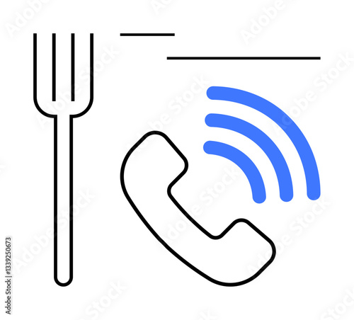 Fork alongside a ringing phone icon with signal waves, blending food and communication. Ideal for online food ordering, restaurant reservation, customer service, delivery apps, dining trends