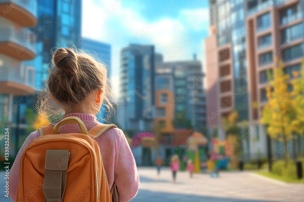 back facing little girl with backpack looking school building sunny summer day neural network back facing little girl with backpack looking school building sunny summer day neural network