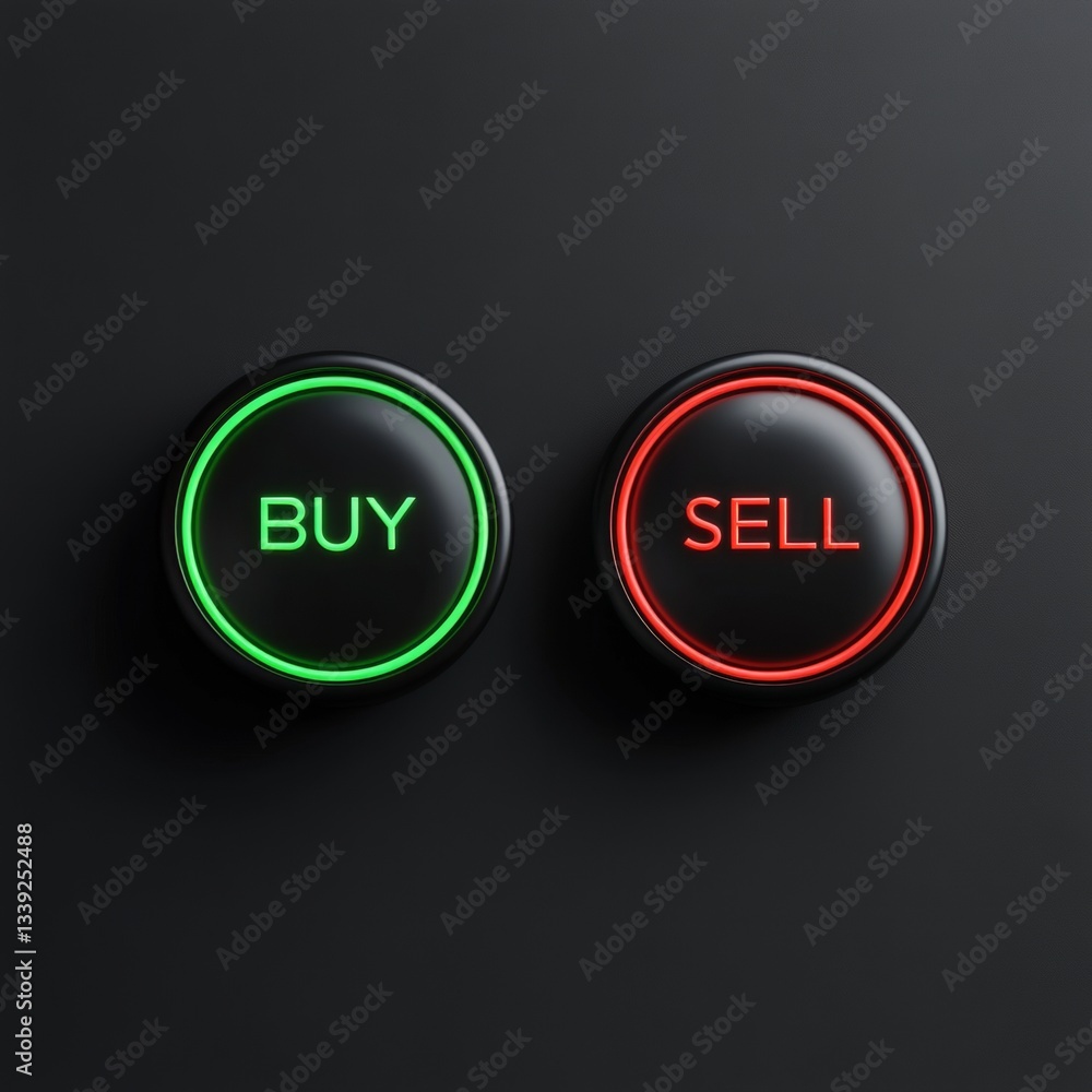 Buy and sell buttons illustrate stock market or finance decision making on dark background Buy and sell buttons illustrate stock market or finance decision making on dark background