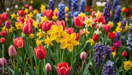 Vibrant tulips, daffodils, and hyacinths bloom in a lush spring garden, art, photography