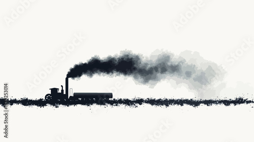 The image is a minimalist monochrome illustration or graphic design depicting the silhouette of a steam train and a long plume of dark smoke against a white background. The train is rendered in