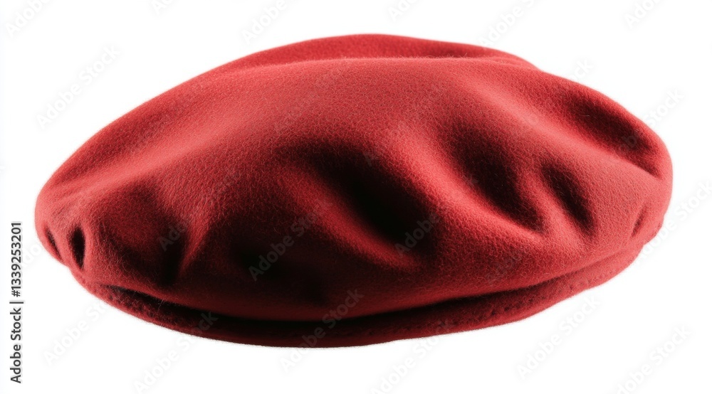 Beret hat: red wool beret cap lies on a white surface in a studio setting, close-up Beret hat: red wool beret cap lies on a white surface in a studio setting, close-up