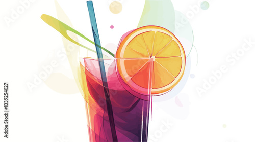 Close-up illustration of a tall glass filled with a vibrant, multicolored cocktail. An orange slice rests on the rim of the glass.  Two straws are inserted into the drink.  The background features