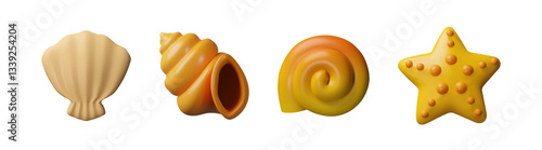 3d set seashells, starfish. Three-dimensional collection vector illustration sea mollusk. Nature ocean object with shell. Summer beach scallop. Exotic forms nautilus. Wildlife aquarium animal.