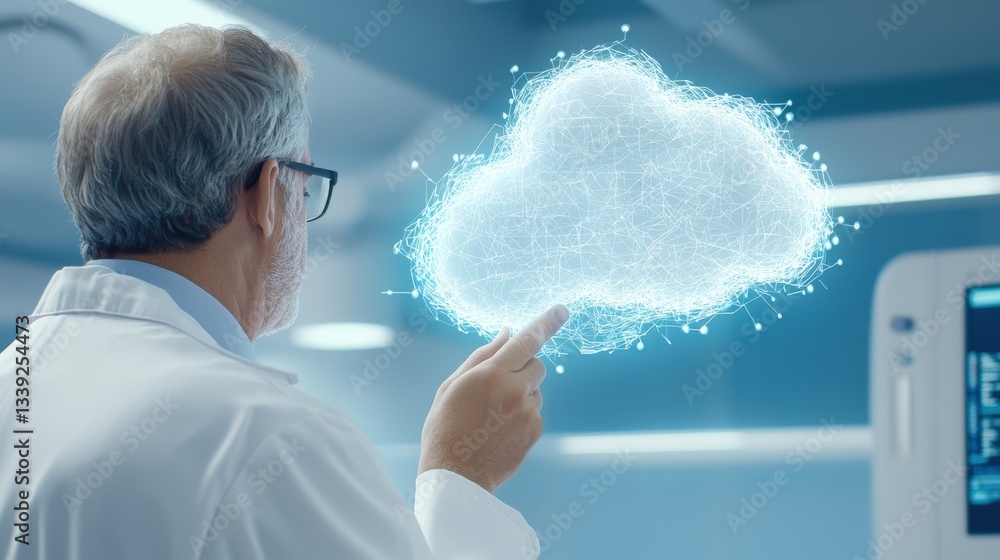 Obraz premium Scientist Interacting with Digital Cloud Technology in Laboratory