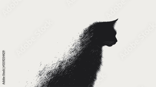 The image is a stylized monochrome illustration depicting the profile of a black cat. The cat's form is rendered as a dark silhouette against a light gray background.  A significant portion of the