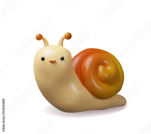 3d snail animal. Three-dimensional vector illustration slow mollusk in the nature. Slimy cute slug. Graphic spiral wildlife character in the summer. Speed symbol. Small crawling house for escargot