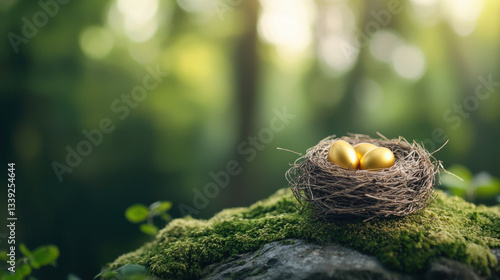 nest with golden eggs resting on mossy rock in serene forest setting, evoking sense of tranquility and wonder