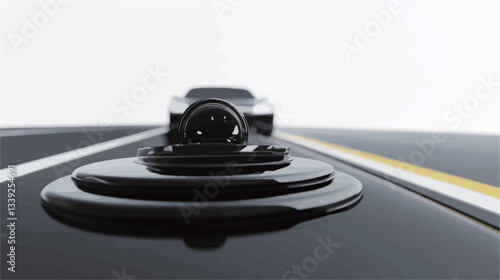 Close-up view of a black suction cup mount for a car camera. The mount is circular with a slightly raised center, showing a textured surface for adhesion. A small portion of a dark-colored car is