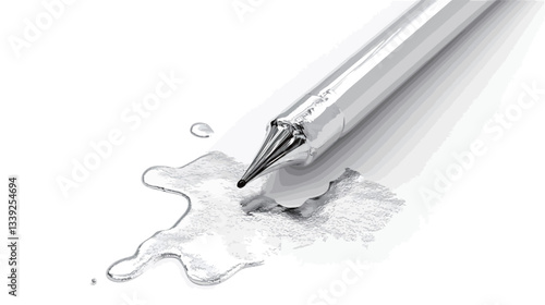 Close-up, high-angle, monochrome photograph of a graphite pencil lying on a white surface with a blot of ink or graphite spreading from the tip. The pencil is slightly angled, and the blot is