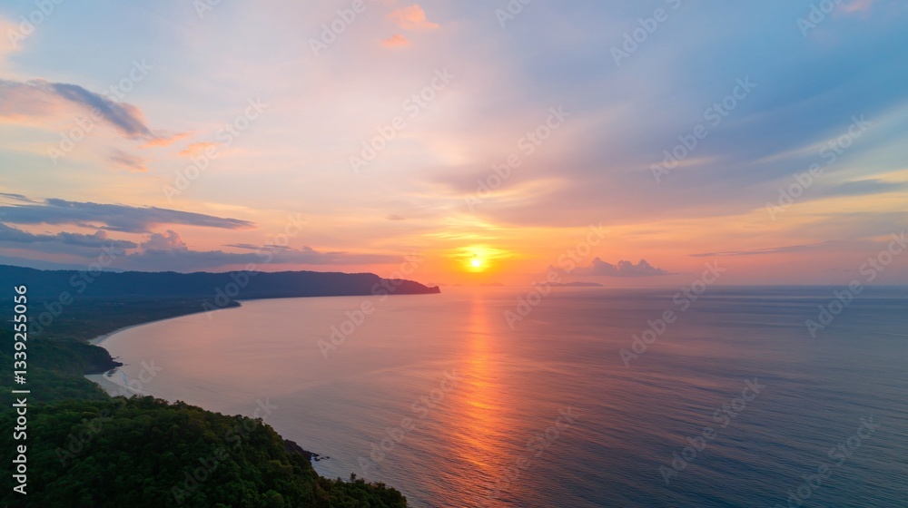 Naklejka premium Serene sunset over tranquil waters, vibrant hues reflecting on calm lake, perfect for calming nature-themed content.