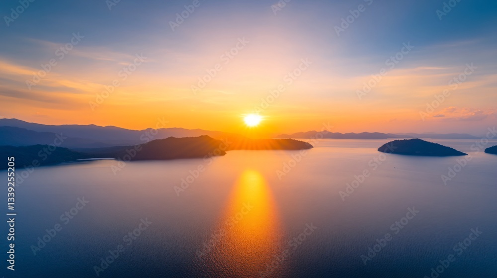 Fototapeta premium Serene sunset over calm water, vibrant orange and blue hues reflecting, ideal for relaxation themes and inspirational quotes.