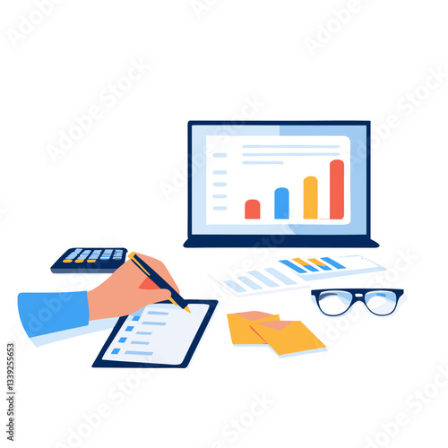 Modern business analytics workspace with tablet, computer and glasses for websites, blogs and corporate presentations on data analysis and performance tracking