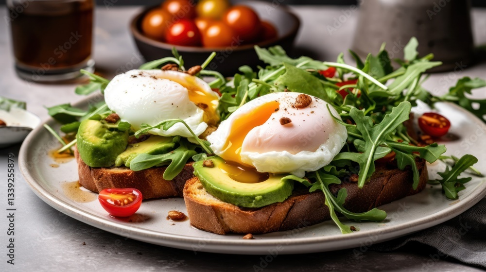 Delicious Avocado Toast with Poached Eggs and Arugula Delicious Avocado Toast with Poached Eggs and Arugula