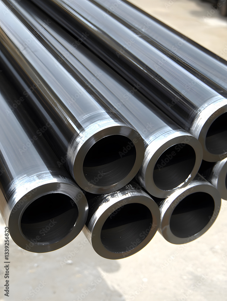 Stacked metal pipes gleam in the sunlight their circular openings creating a repeating pattern of dark shadows and reflective surfaces. Stacked metal pipes gleam in the sunlight their circular openings creating a repeating pattern of dark shadows and reflective surfaces.