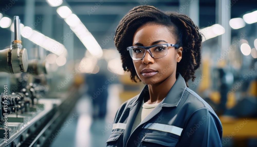 Fototapeta premium A confident worker stands in a manufacturing facility surrounded by advanced machinery.