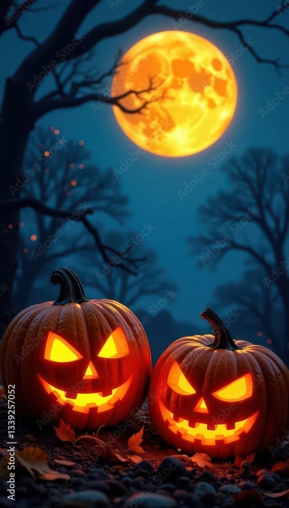 Fototapeta premium Carved pumpkins glow eerily under a full moon , scary, shadow, illustration