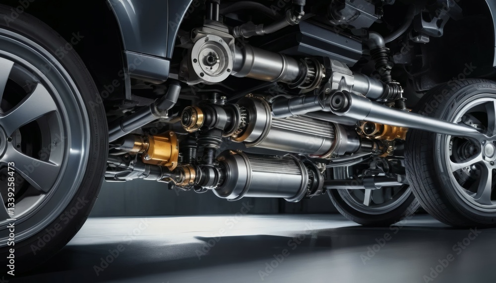 Detailed Car Suspension System with Wheels and Metallic Construction in Studio Shot Detailed Car Suspension System with Wheels and Metallic Construction in Studio Shot