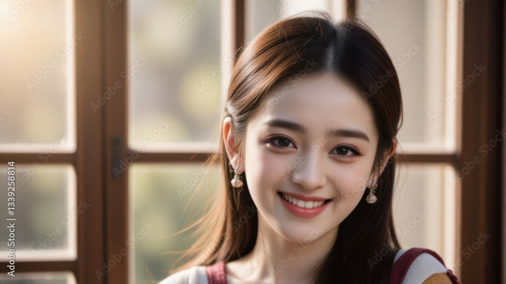 Smiling Asian Woman with Pearl Earrings in Natural Light by Window: Beauty, Elegance, Portrait, Hope, Contentment Smiling Asian Woman with Pearl Earrings in Natural Light by Window: Beauty, Elegance, Portrait, Hope, Contentment