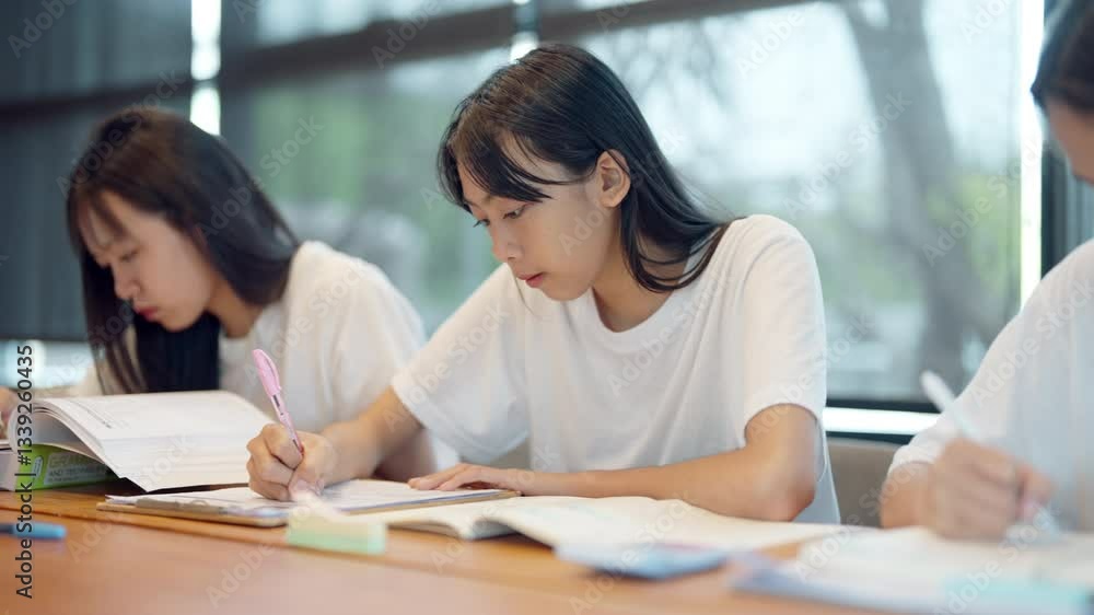 Two women are sitting at a table writing in their notebooks. One of them is using a pink pen Two women are sitting at a table writing in their notebooks. One of them is using a pink pen