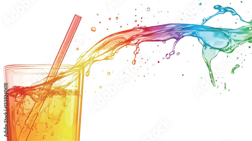 Close-up shot of a clear glass partially filled with a bright orange-yellow liquid. A red straw is inserted into the glass.  A dynamic, rainbow-colored liquid is splashing and pouring out of the
