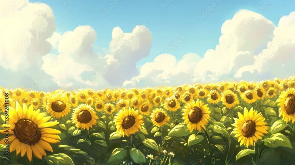 Fototapeta premium Sunny Sunflower Field, Summer Sky, Idyllic Landscape, Background, Illustration