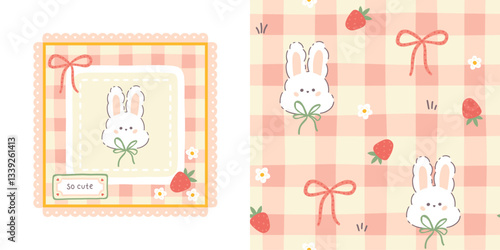 Gingham seamless vector pattern and print template with kawaii bunny rabbit and strawberries. Tartan check for tablecloths, napkins, clothes, packaging, for the Easter. Cute childish pastel palette.