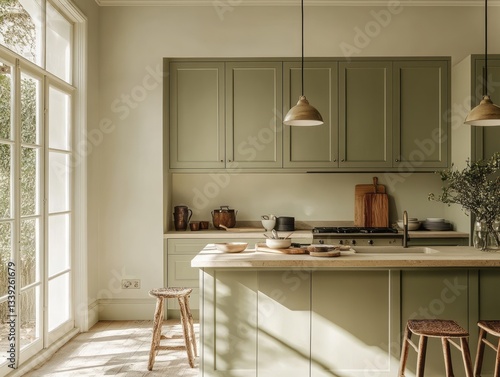 A beautifully designed and well lit green kitchen interior space