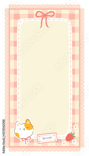 Gingham vector print template with kawaii cat and strawberries. Tartan check for diary pages, note paper, to do list, stickers. Cute childish background, pastel palette
