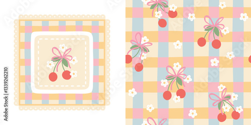Gingham kawaii seamless pattern with cherry berries, flowers and flirty bow. Tartan check for tablecloths, napkins, clothes, packaging. Cozy cute childish hand drawn cartoon background pastel palette