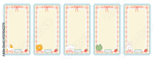 Gingham vector set collection of templates with kawaii animals and berries. Tartan check for diary pages, note paper, to do list, stickers. Cute childish background, pastel palette.