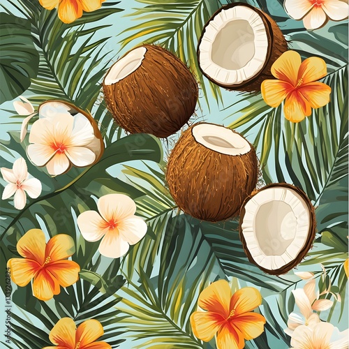 Vibrant Tropical Seamless Pattern with Coconuts and Hibiscus Flowers