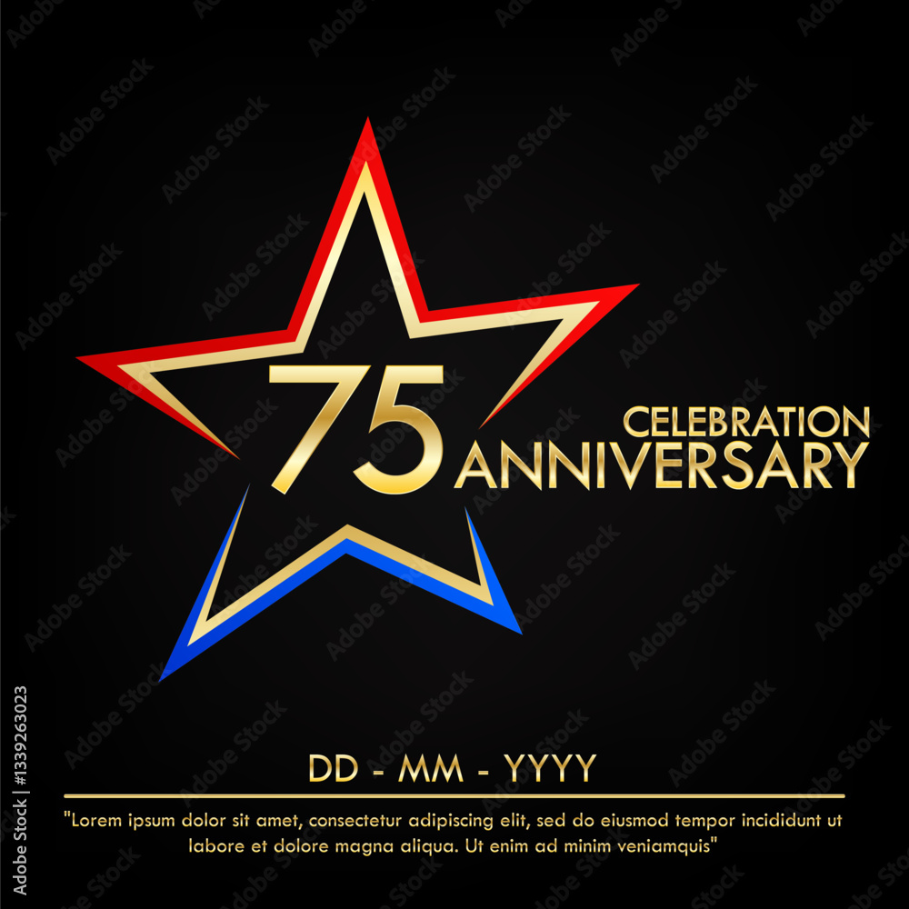 Obraz premium 75th years anniversary celebration emblem. elegance golden anniversary logo with red and blue star shape. vector illustration template design for web, leaflet, flyer, greeting card 