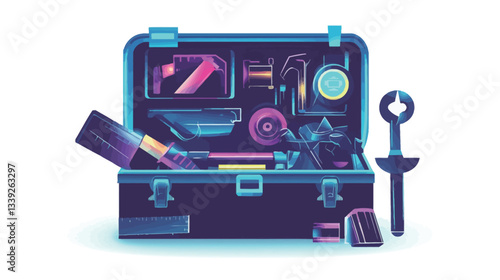 A digital illustration depicting an open metallic toolbox filled with various tools. The tools are stylized with neon-like glowing edges in shades of blue and pink. The toolbox is dark-colored with