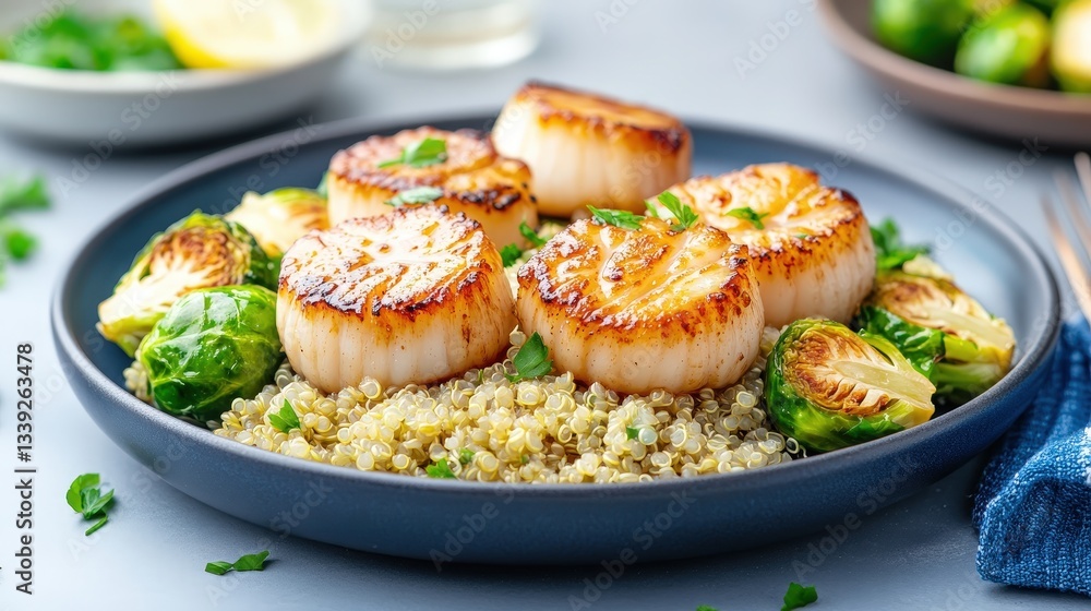 A beautifully plated dish featuring seared scallops atop quinoa and roasted Brussels sprouts, garnished with fresh herbs. A beautifully plated dish featuring seared scallops atop quinoa and roasted Brussels sprouts, garnished with fresh herbs.