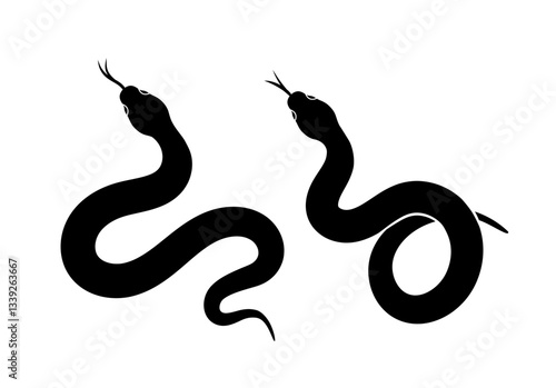 Two black snake silhouettes with curved bodies and forked tongues on a white background. The design is minimalistic and bold, symbolizing danger and mystery. Vector illustration