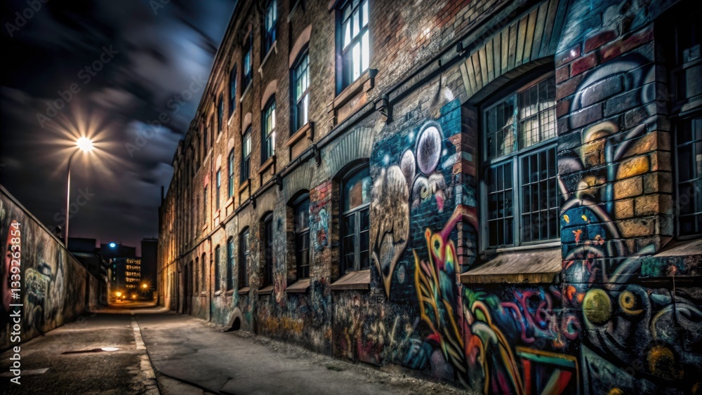 Fototapeta premium Low Light Urban Graffiti Art Photography: Vibrant Street Art on Historic Walls