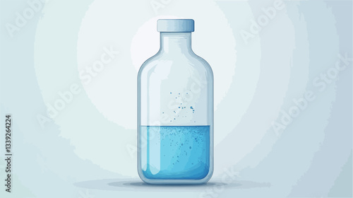 A digital illustration of a clear glass bottle with a white cap, partially filled with light blue liquid. The bottle is depicted against a light gray gradient background. The liquid appears to have