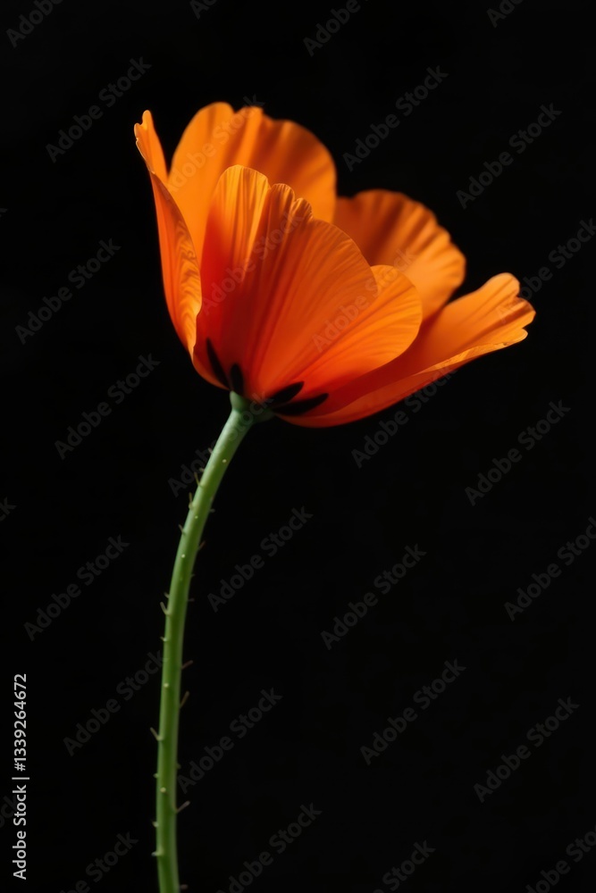 Fototapeta premium Delicate orange Californian poppy, vibrant petals, black background, plant, orange flower, high resolution