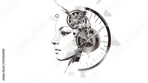 A monochrome illustration depicting a woman's profile in a minimalist style.  Superimposed on the profile are clock gears and clock face elements suggesting the passage of time or internal
