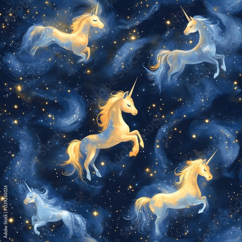 Five Golden And Blue Unicorns Leap Through A Starry Nebula