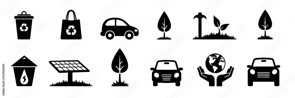 A collection of environmental and sustainability-themed silhouette icons A collection of environmental and sustainability-themed silhouette icons