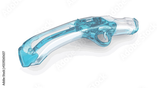 A high-angle, full shot of a translucent, light blue glass sculpture shaped like a pistol. The sculpture is set against a pure white background.  The glass appears smooth with subtle variations in