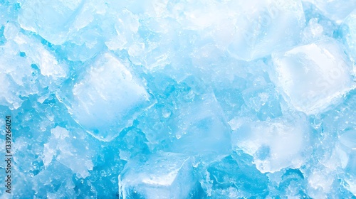 Close-Up of Crystalline Ice Cubes with Varying Shades of Blue and Gleaming Surface Texture