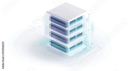 A digital illustration depicting an isometric view of a modern, multi-story building. The building is rendered in a clean, minimalist style with white walls and dark-blue windows.  Light blue lines