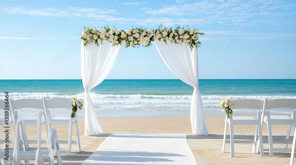 Fototapeta premium A serene beach wedding setup featuring an ornate arch adorned with flowers, white drapes, and empty chairs facing the ocean under a clear blue sky.