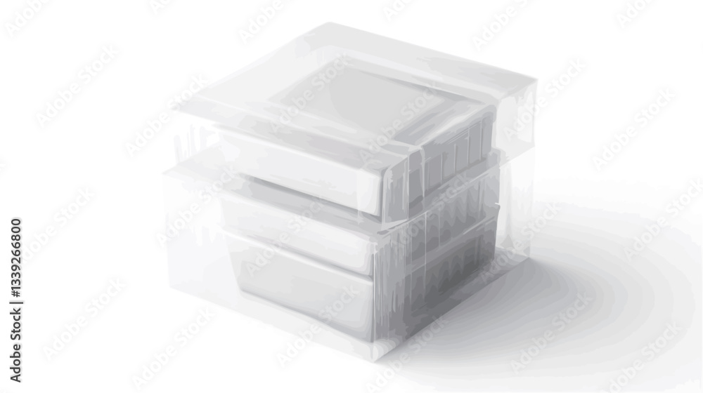High-angle, close-up studio shot of a stack of numerous small, white, rectangular objects inside a transparent, cubic container. The container is made of clear plastic or glass, allowing full High-angle, close-up studio shot of a stack of numerous small, white, rectangular objects inside a transparent, cubic container. The container is made of clear plastic or glass, allowing full
