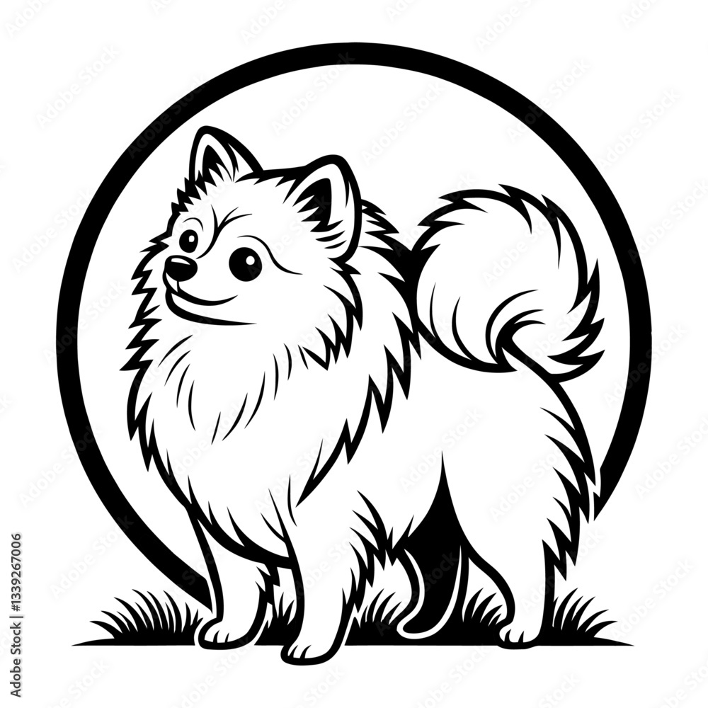 Obraz premium Adorable Pomeranian Dog Silhouette in a Circular Frame