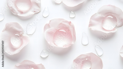 Delicate Petals & Dewdrops: Soft, pastel pink flower petals, delicately scattered, each adorned with a glistening water droplet, offering a sensory experience