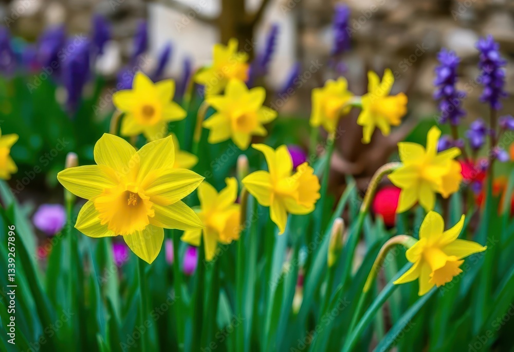 Fototapeta premium Vibrant yellow daffodils blooming in a spring garden, macro, garden flowers